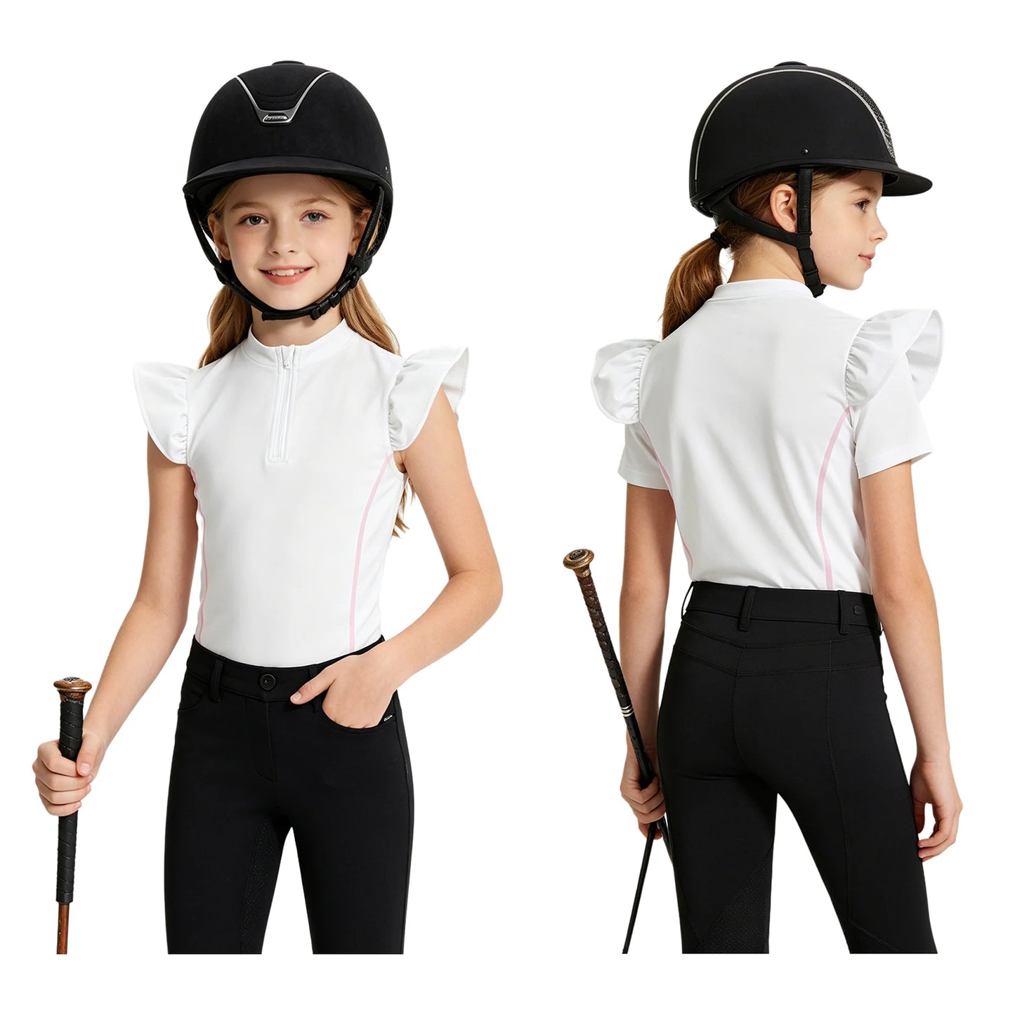 Girls Equestrian Quarter-Zip  Shirt | Kids Ruffled Sleeve Quick-Dry Horse Riding Top @ ghoddosh.com