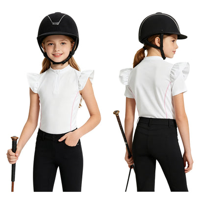Girls Equestrian Quarter-Zip  Shirt | Kids Ruffled Sleeve Quick-Dry Horse Riding Top @ ghoddosh.com