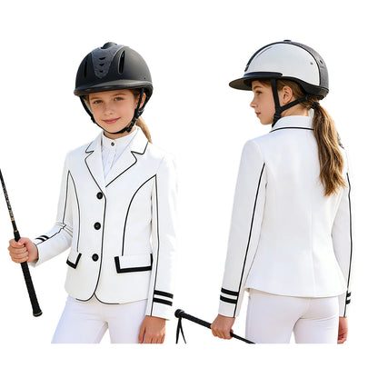 Two children in equestrian outfits with white jackets and helmets on a white background @ ghoddosh.com