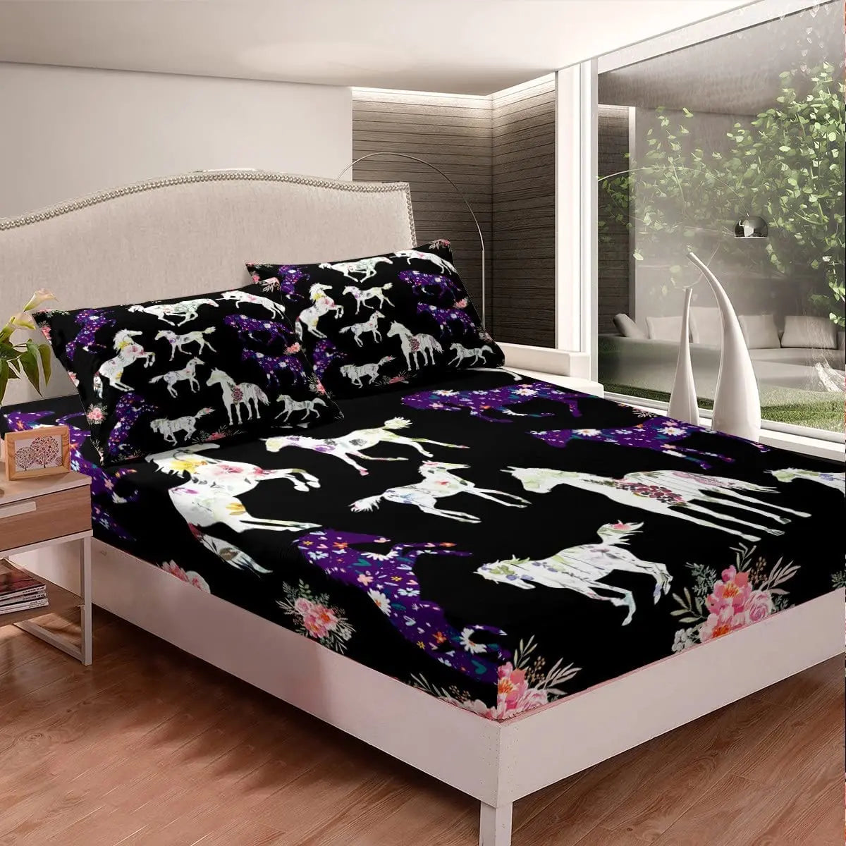 Horse Fitted Sheets ,Twin Size  Cute Horse  Bedding Set  with Pink Love Hearts Décor @ ghoddosh.com