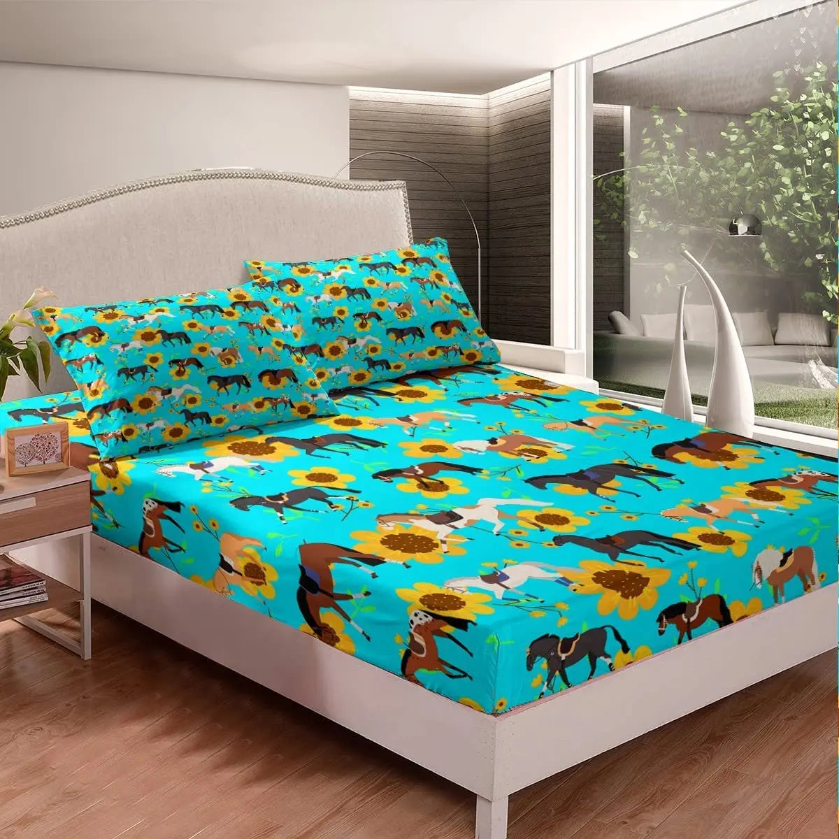 Horse Fitted Sheets ,Twin Size  Cute Horse  Bedding Set  with Pink Love Hearts Décor @ ghoddosh.com