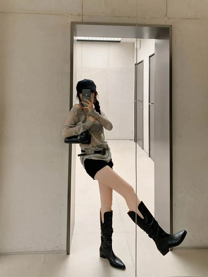 2026 New Cow Leather Round Toe Low Heels Winter Warm Riding Knee Boots  - ghoddosh.com