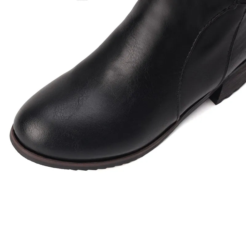 Women's Round Toe Chunky Block Heel Thigh-High Riding Boots with Belt Buckles @ ghoddosh.com