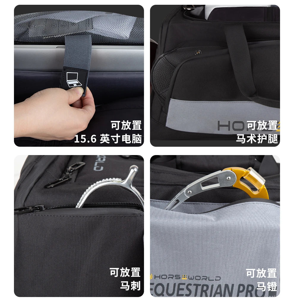 2-in-1 Riding Gear Bag: Convertible Backpack/Crossbody with Individual Pockets for Boots, Helmet & Whip