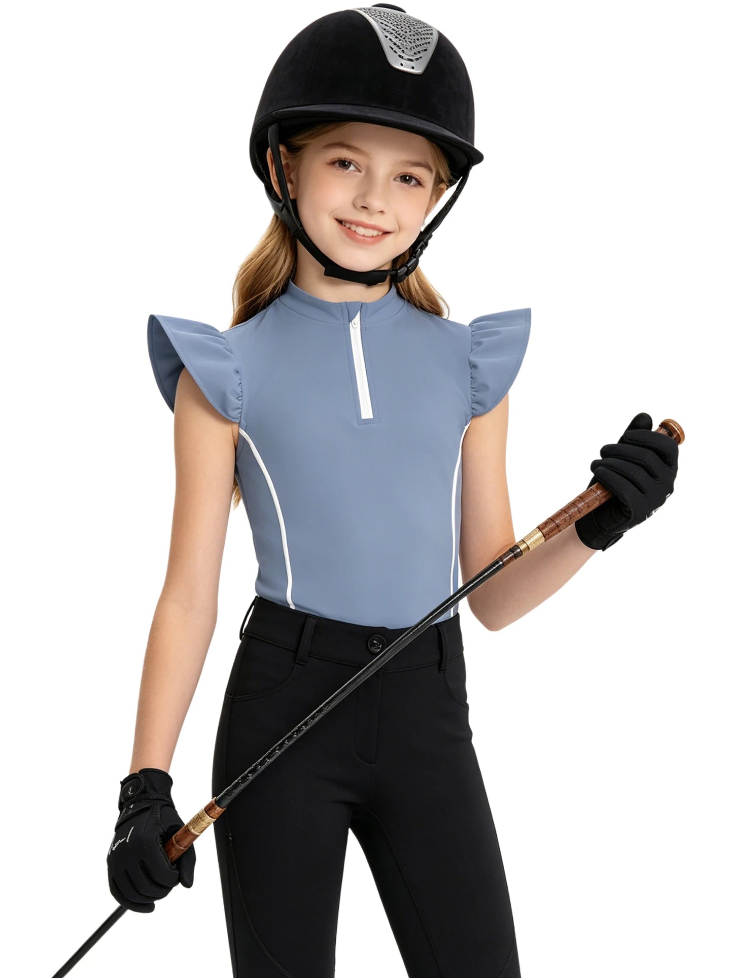 Girls Equestrian Quarter-Zip  Shirt | Kids Ruffled Sleeve Quick-Dry Horse Riding Top @ ghoddosh.com