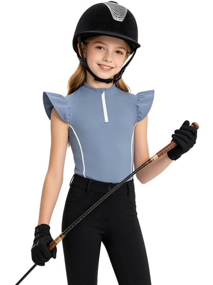 Girls Equestrian Quarter-Zip  Shirt | Kids Ruffled Sleeve Quick-Dry Horse Riding Top @ ghoddosh.com