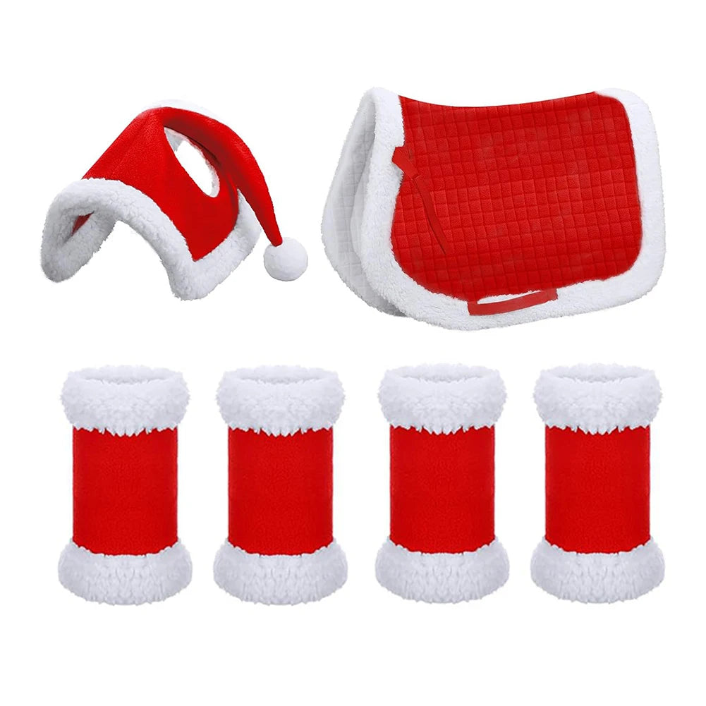 6Pcs Christmas Santa Red Horse Hat & Leg Wraps & Horse Saddle Santa Hat Leg Wraps Western Saddle Pad for Christmas Horses Décor @ghoddosh.com