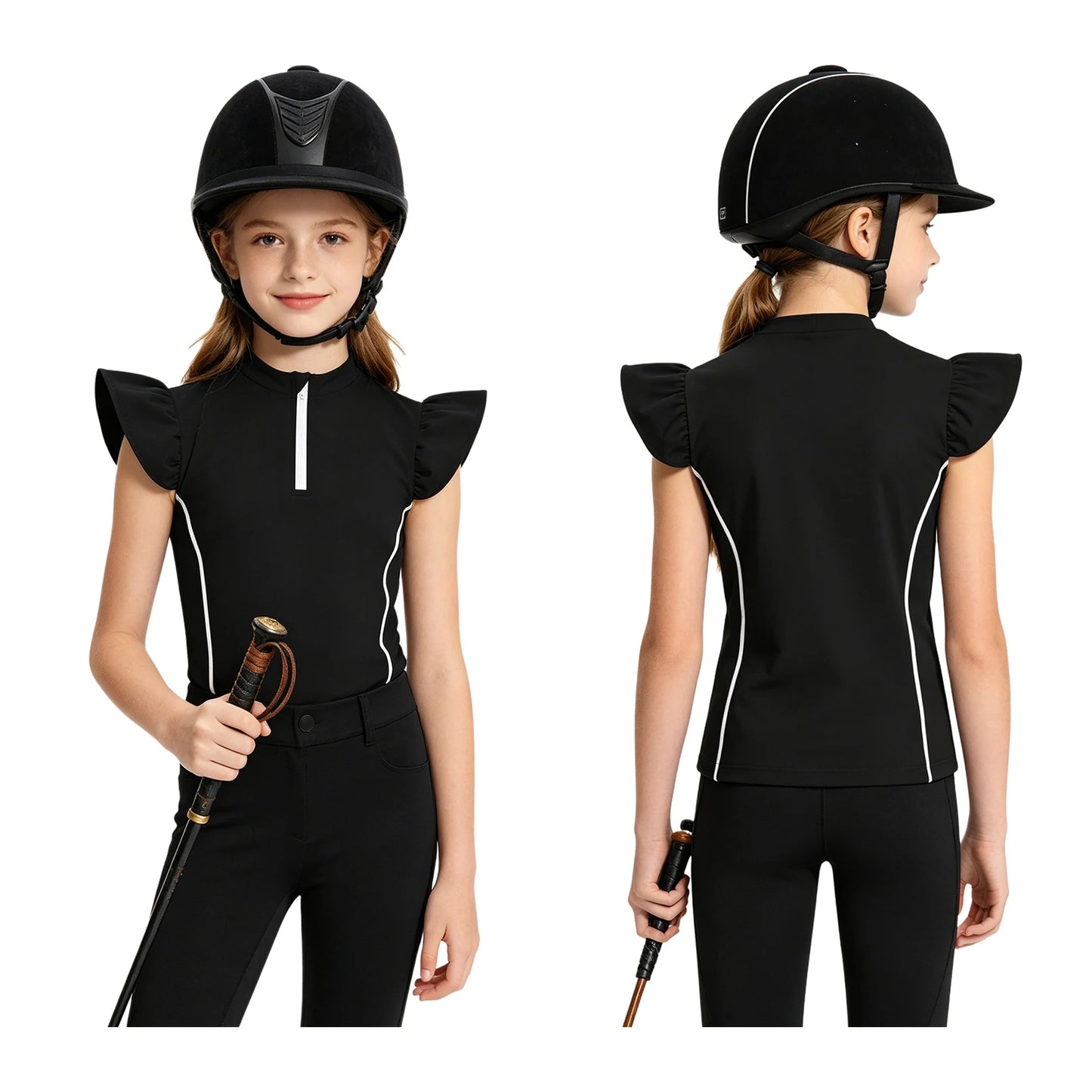Girls Equestrian Quarter-Zip  Shirt | Kids Ruffled Sleeve Quick-Dry Horse Riding Top @ ghoddosh.com