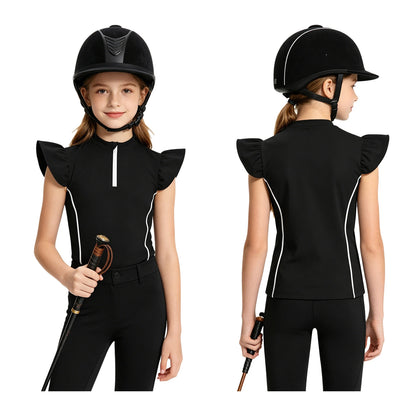 Girls Equestrian Quarter-Zip  Shirt | Kids Ruffled Sleeve Quick-Dry Horse Riding Top @ ghoddosh.com