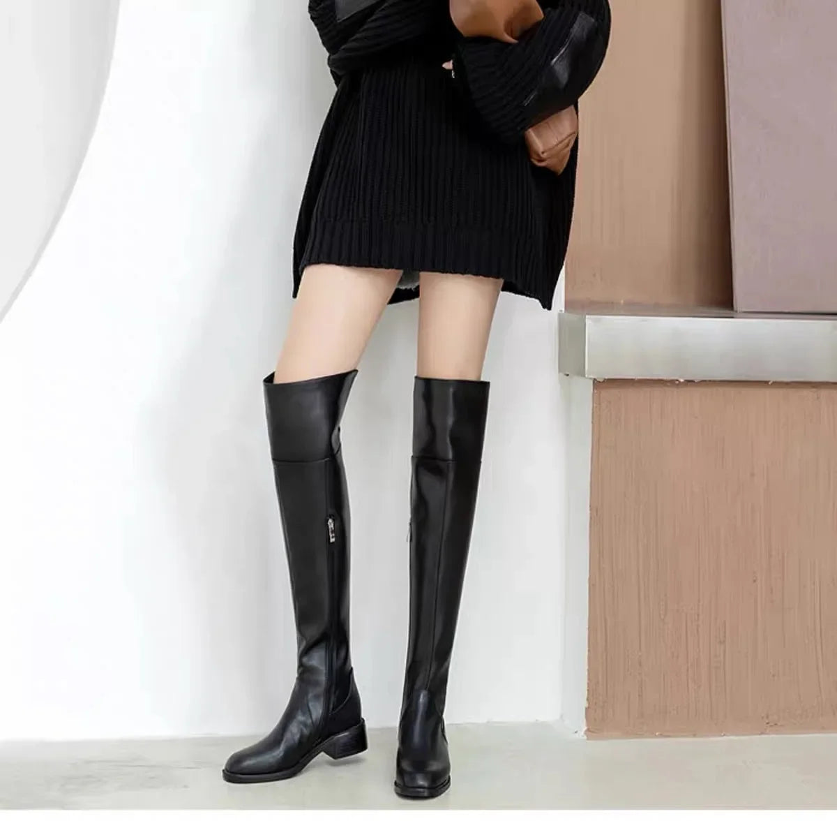 Women  Brown Leather over The Knee High Boots  @ ghoddosh.com