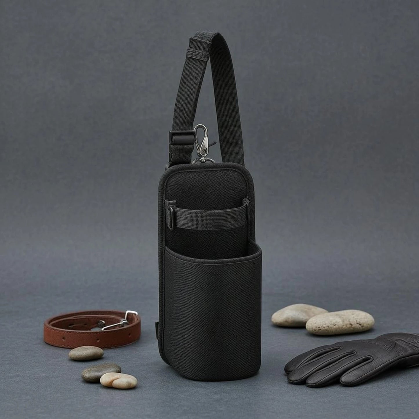 Horse Saddle Water Bottle Holder with Metal Buckle – Black Nylon Equestrian Drink Pouch for Trail Riding. @ ghoddosh.com