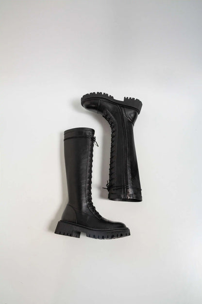 Genuine Leather Round Toe High Heel Riding Boots / Cross-tied Vintage Gladiator Lady Casual Platform Knee-high Boots .Ghoddosh

