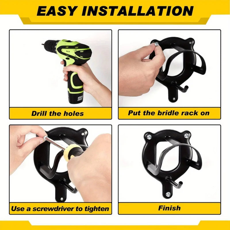 Black Metal Saddle Racks with Hooks, Pipes & Screws - Durable Horse Nail Storage and Neck Hanging Brackets Bar