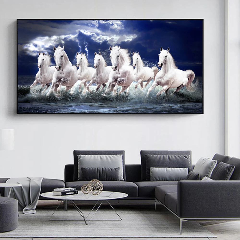 7 White Running Horses Canvas