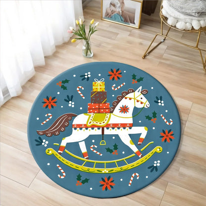 Christmas Horse Printed Circle Carpet - Round  Kids Non-slip Floor Rug @ghoddosh.com