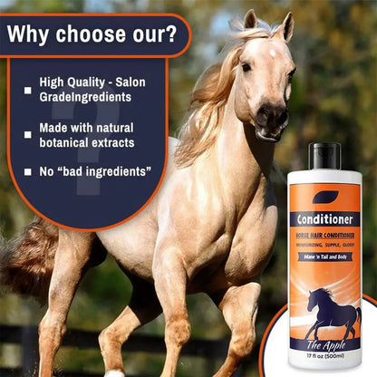 Two bottles  500 ml of horse shampoo and conditioner with orange labels and black horses on a white background.  @ ghoddosh.com