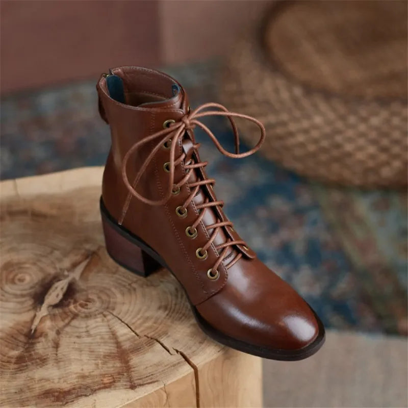 New  Split Leather Women  Round Toe  Chunky Heels Boots - Ghoddosh
