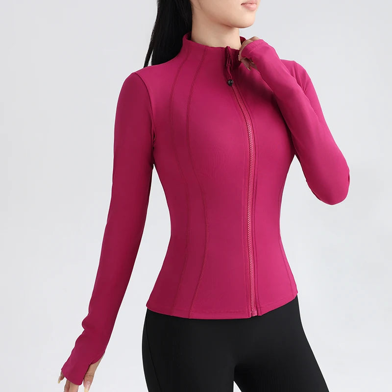 Women’s Full-Zip Athletic Jacket with Thumbholes – Stretch Fit Long Sleeve Sports Top- Ghoddosh.com

