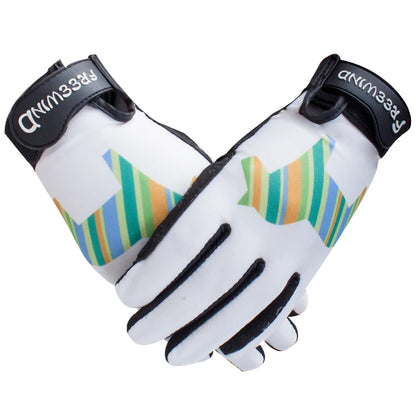 White gloves with colorful striped pattern and black accents on a white background .Ghoddosh 