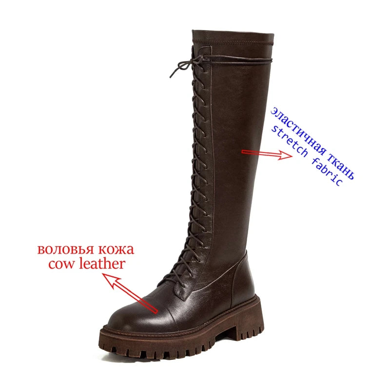 Genuine Leather Round Toe High Heel Riding Boots / Cross-tied Vintage Gladiator Lady Casual Platform Knee-high Boots .Ghoddosh

