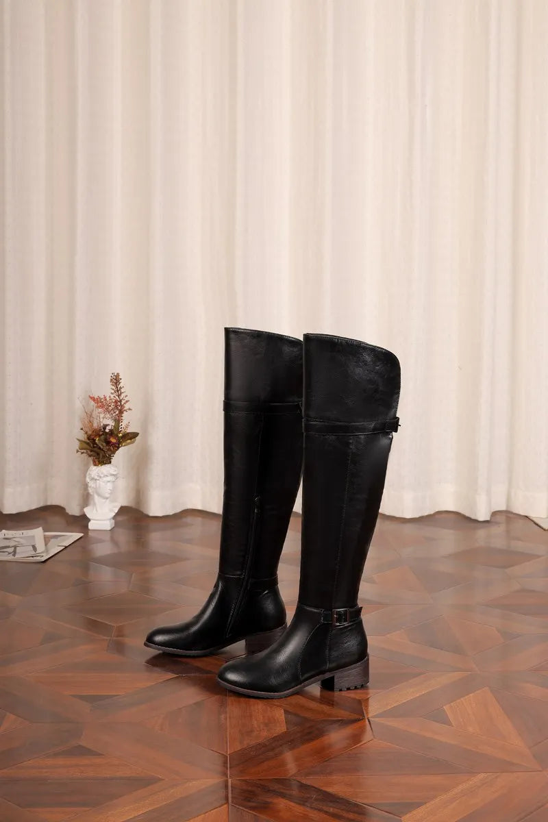 Women's Round Toe Chunky Block Heel Thigh-High Riding Boots with Belt Buckles @ ghoddosh.com