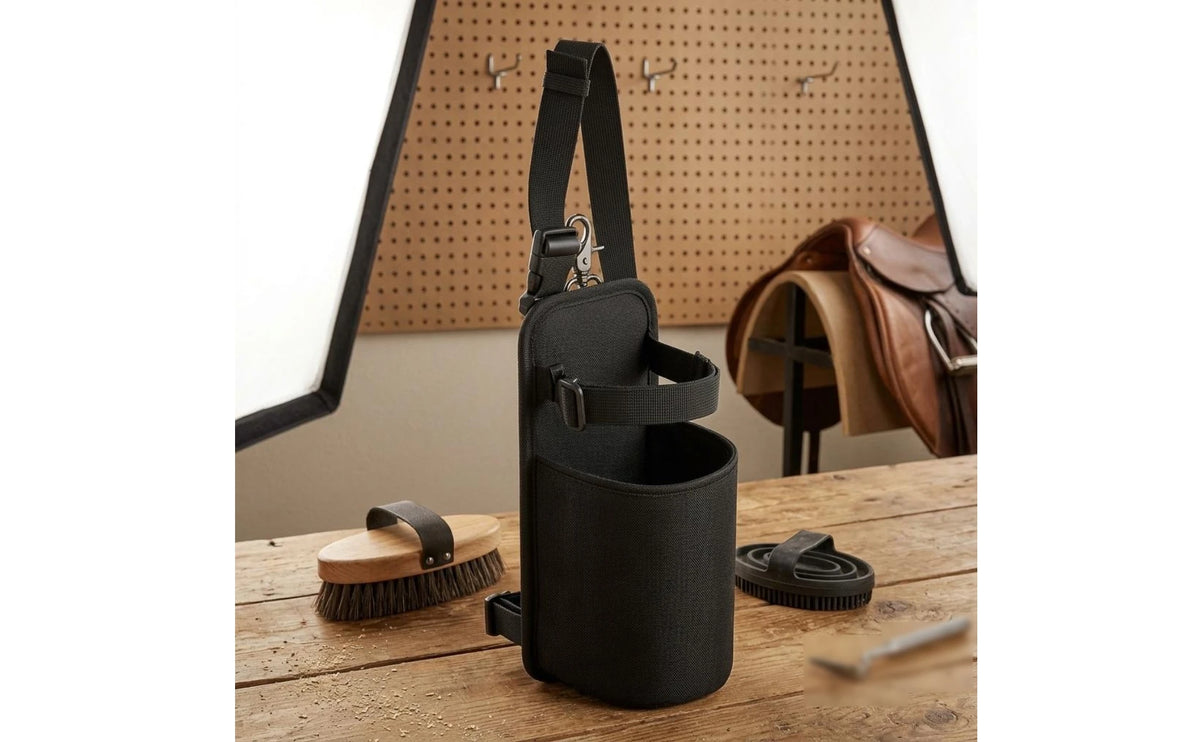 Horse Saddle Water Bottle Holder with Metal Buckle – Black Nylon Equestrian Drink Pouch for Trail Riding. @ ghoddosh.com