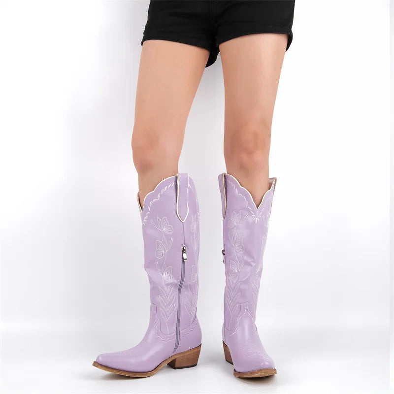 Women's Pink Knee-High Cowgirl Boots  Chunky Mid-Heel Pull-On Western Booties @ ghoddosh.com
