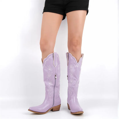 Women's Pink Knee-High Cowgirl Boots  Chunky Mid-Heel Pull-On Western Booties @ ghoddosh.com