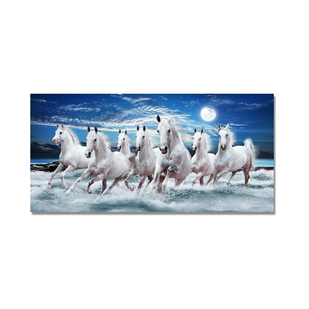 7 White Running Horses Canvas