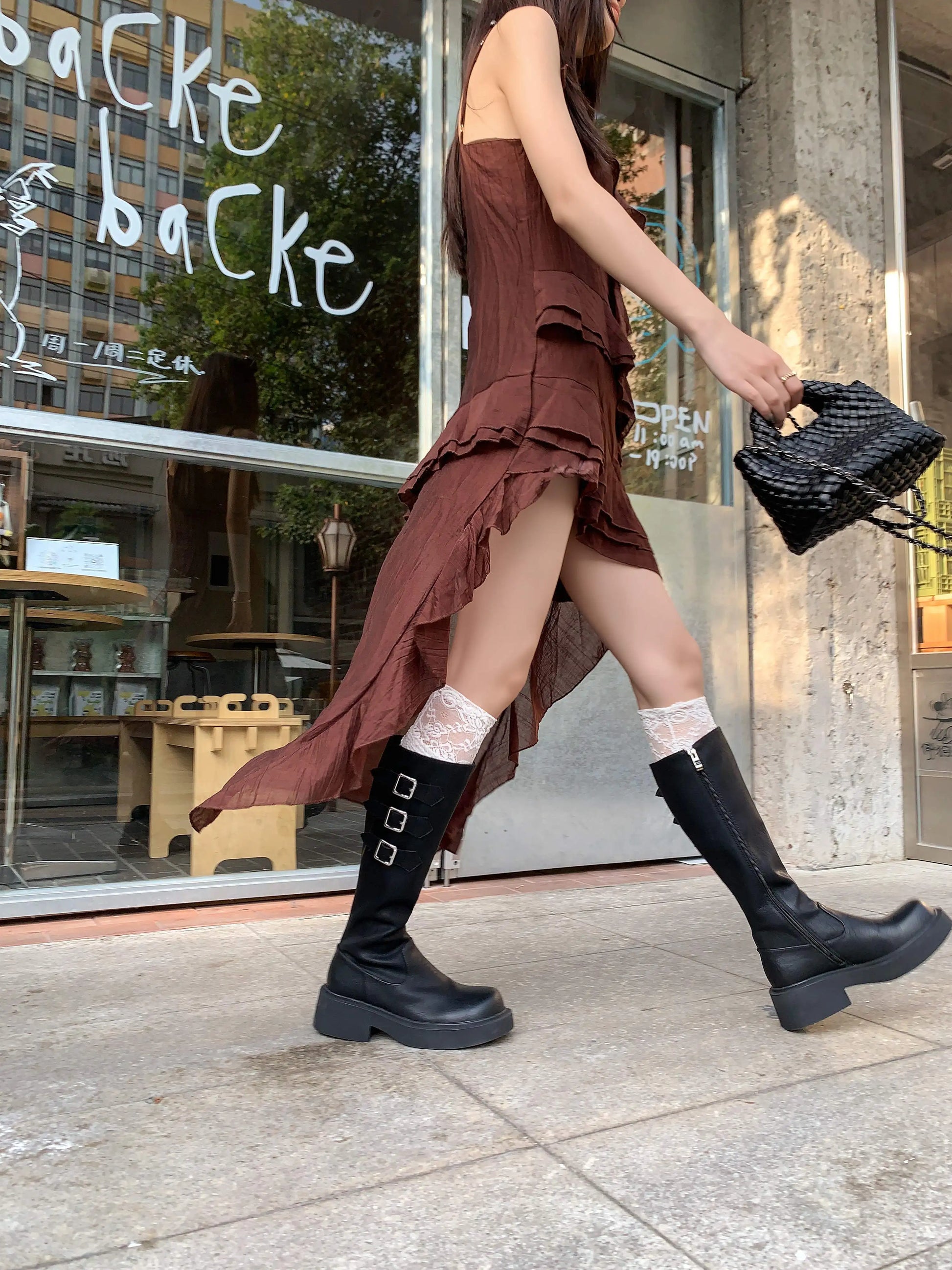 Cowhide Leather Knee-High Riding Boots — Women’s Warm Winter Heels with Belt Buckle - Ghoddosh