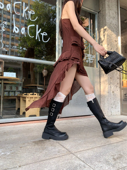 Cowhide Leather Knee-High Riding Boots — Women’s Warm Winter Heels with Belt Buckle - Ghoddosh