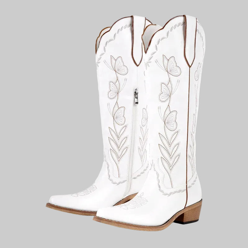 Women's Pink Knee-High Cowgirl Boots  Chunky Mid-Heel Pull-On Western Booties @ ghoddosh.com