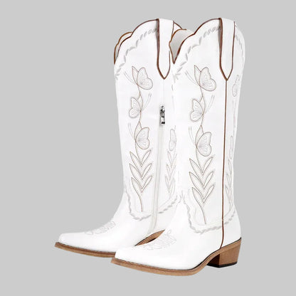 Women's Pink Knee-High Cowgirl Boots  Chunky Mid-Heel Pull-On Western Booties @ ghoddosh.com