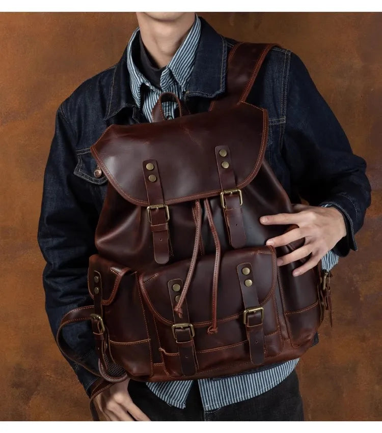 Vintage Horse Genuine Leather Backpack for Men, Large Capacity Travel Daypack, Fits 15-inch Laptop @ ghoddosh.com