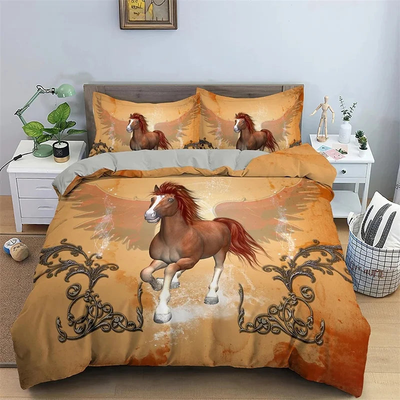 2/3pcs  Horse Bedding Set /   Duvet Cover Set with Pillowcase Horsey Cover @ ghoddosh.com