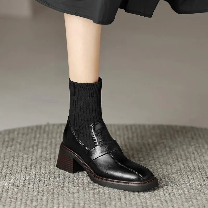 Retro Cow Split Leather Chelsea Boots — Square Toe, Platform Block Heel - Ghoddosh