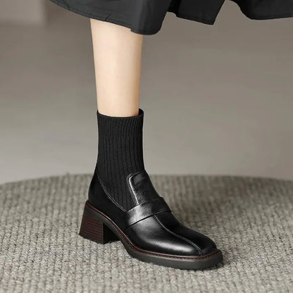 Retro Cow Split Leather Chelsea Boots — Square Toe, Platform Block Heel - Ghoddosh