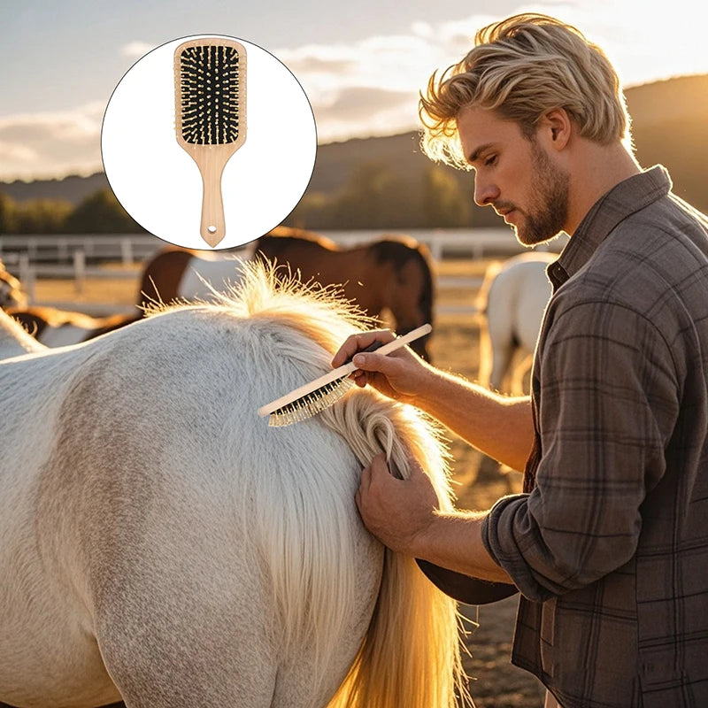 Man grooming a horse with a close-up of a wooden brush inset. @ ghoddosh.com