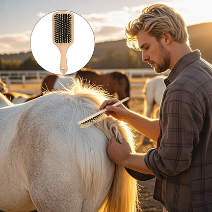 Man grooming a horse with a close-up of a wooden brush inset. @ ghoddosh.com