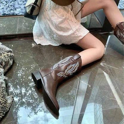 Embroidered brown cowboy boots — square toe and chunky mid-calf heel. - Ghoddosh