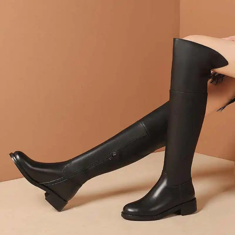 Black Classic Over‑the‑Knee Boots — Cow Leather, Mid Heel, Simple Daily Style - Ghoddosh