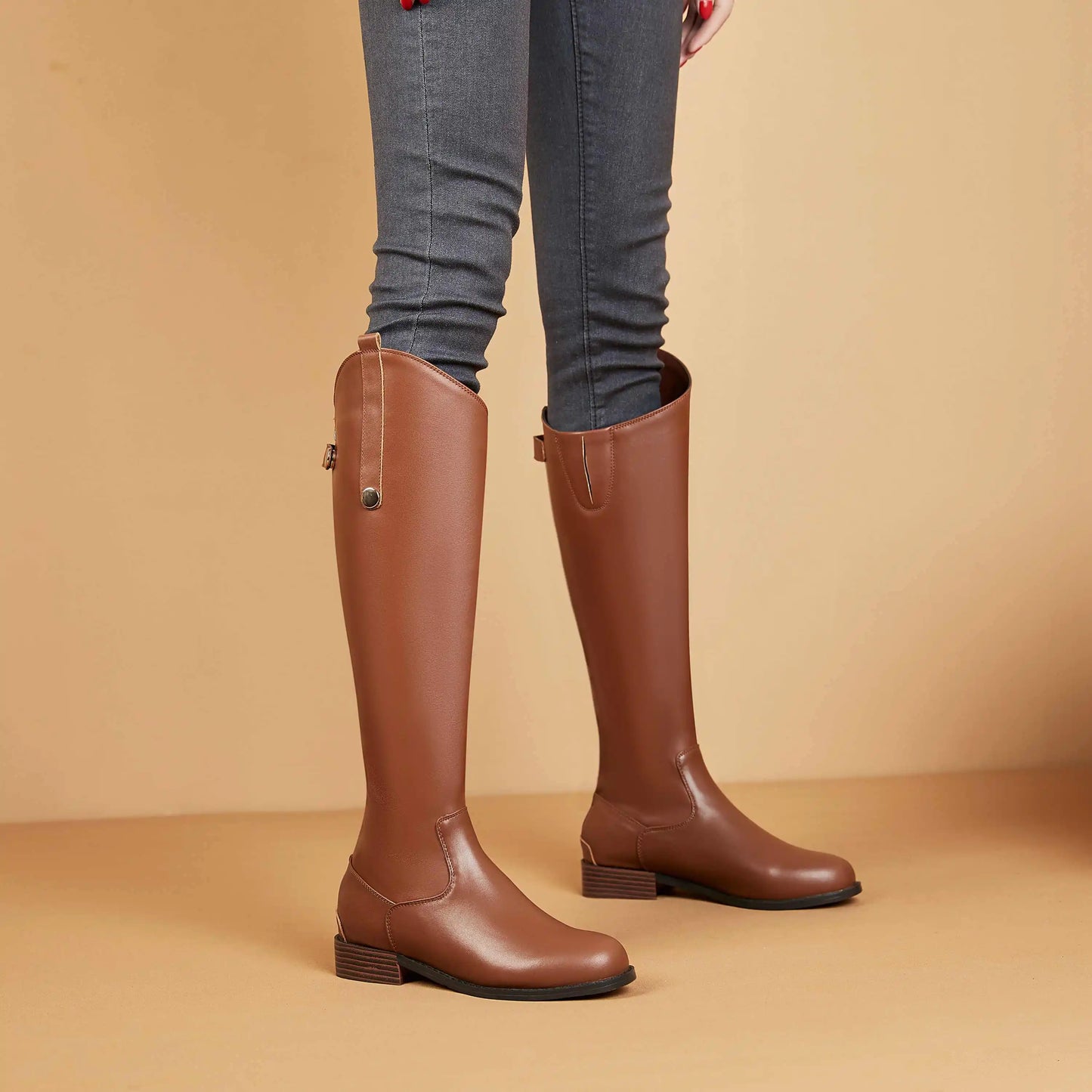 Women's Genuine Leather Thigh-High Riding Boots, Round Toe Mid-Heel Streetwear @ ghoddosh.com