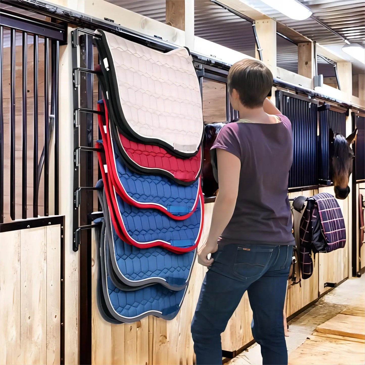 Saddle Pad Rack 6 Bar Wall of  Horse Blanket Holder -180 Degree Swivel with Extra Long Arms . Ghoddosh 