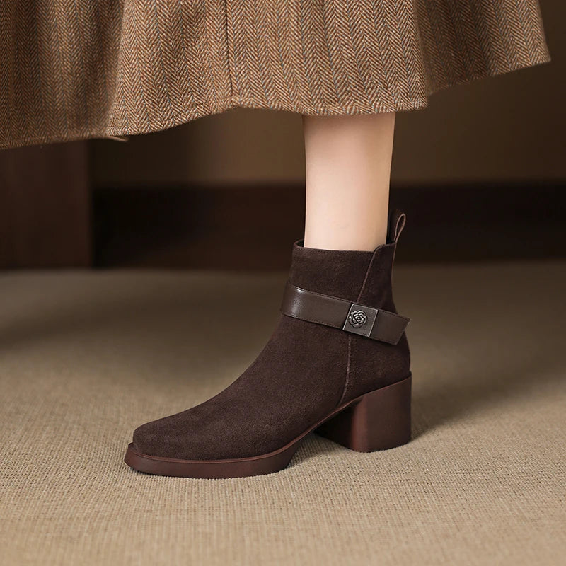New  Women Genuine Leather  Chelsea Boots - Square  Heels Short Ankle Boots - ghoddosh.com