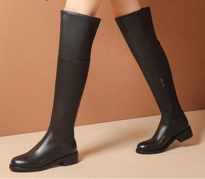 Black Classic Over‑the‑Knee Boots — Cow Leather, Mid Heel, Simple Daily Style - Ghoddosh