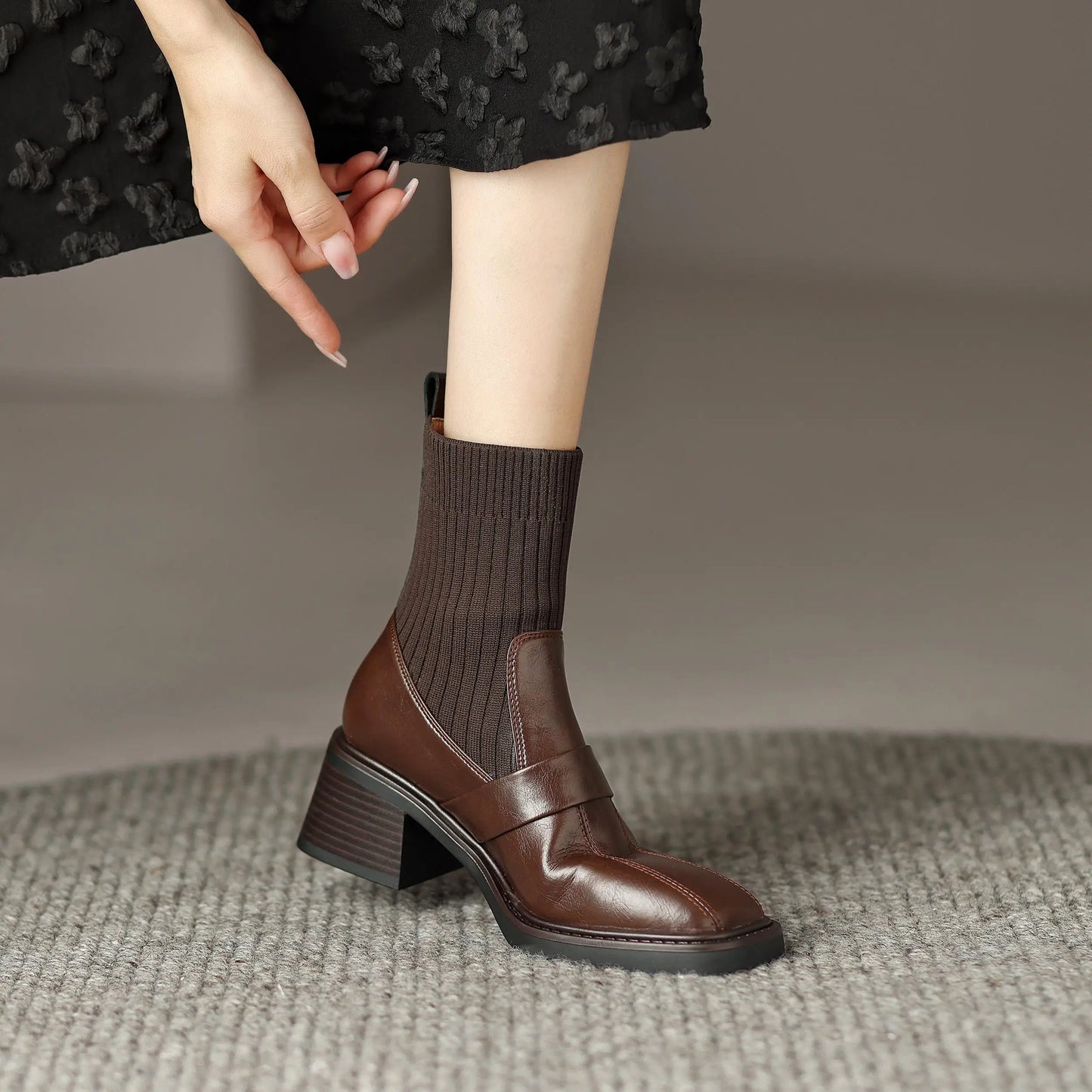 Retro Cow Split Leather Chelsea Boots — Square Toe, Platform Block Heel - Ghoddosh