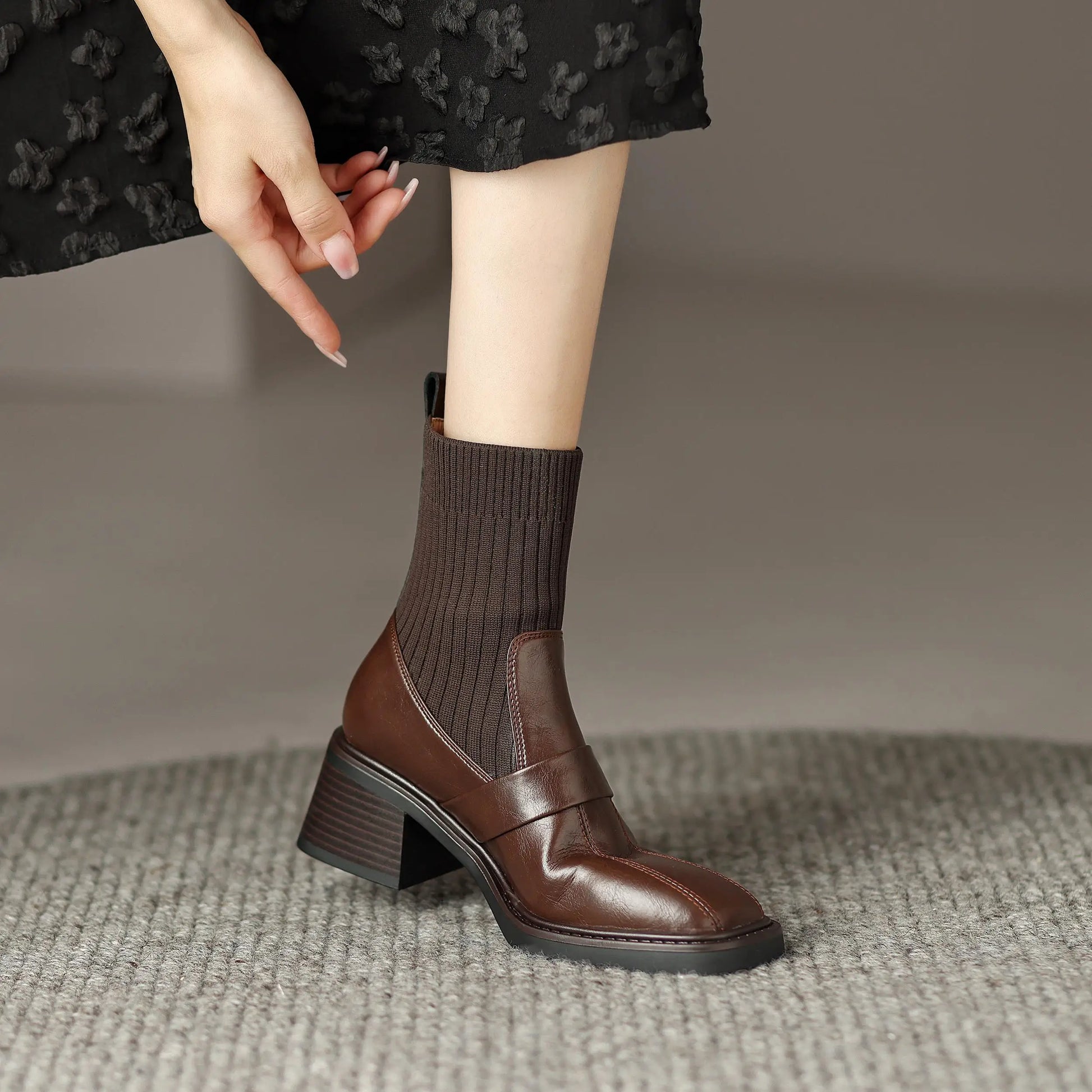 Retro Cow Split Leather Chelsea Boots — Square Toe, Platform Block Heel - Ghoddosh