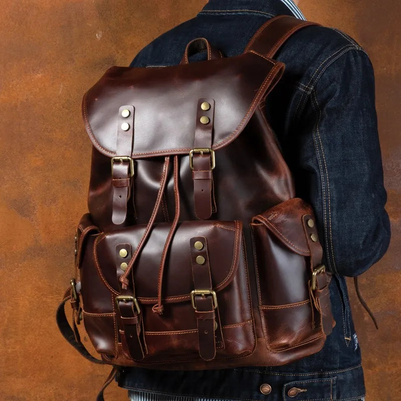 Vintage Horse Genuine Leather Backpack for Men, Large Capacity Travel Daypack, Fits 15-inch Laptop @ ghoddosh.com