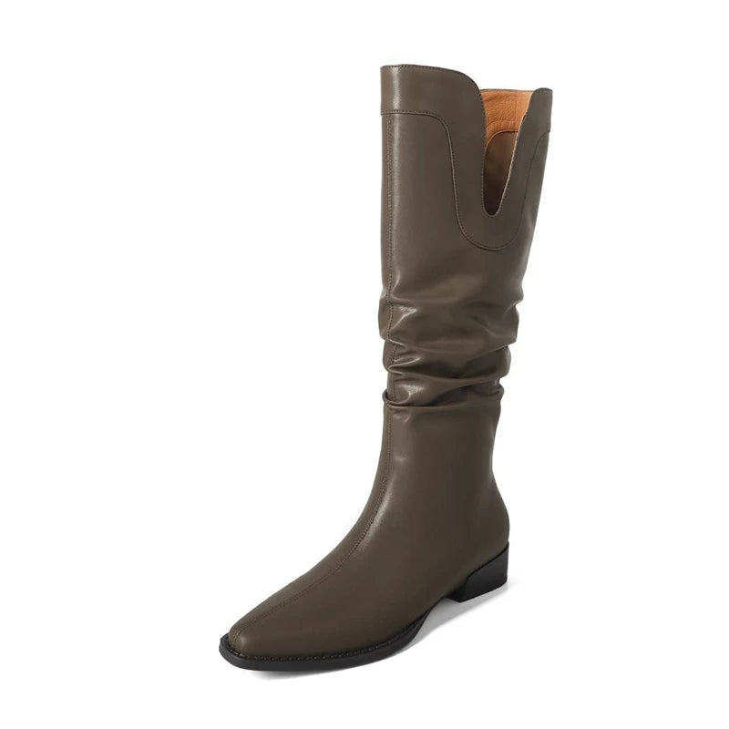 2026 New Cow Leather Round Toe Low Heels Winter Warm Riding Knee Boots  - ghoddosh.com