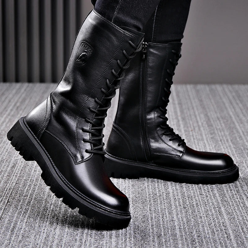 Men's Riding Winter Boots , Genuine Leather Lace Up Extra Long Mongolian High  Knight Ankle Boots@ghoddosh.com